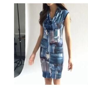 Anni Kuan Medium Ocean Jersey Dress Abstract Art Draped Cowl Sleeveless Bodycon